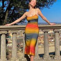 Sexy Tie Dye Bodycon Maxi Dress for Women Slim Fit Printing Pattern Tank Long Dresses E Girl Y2K Split Hem Slip Dresses