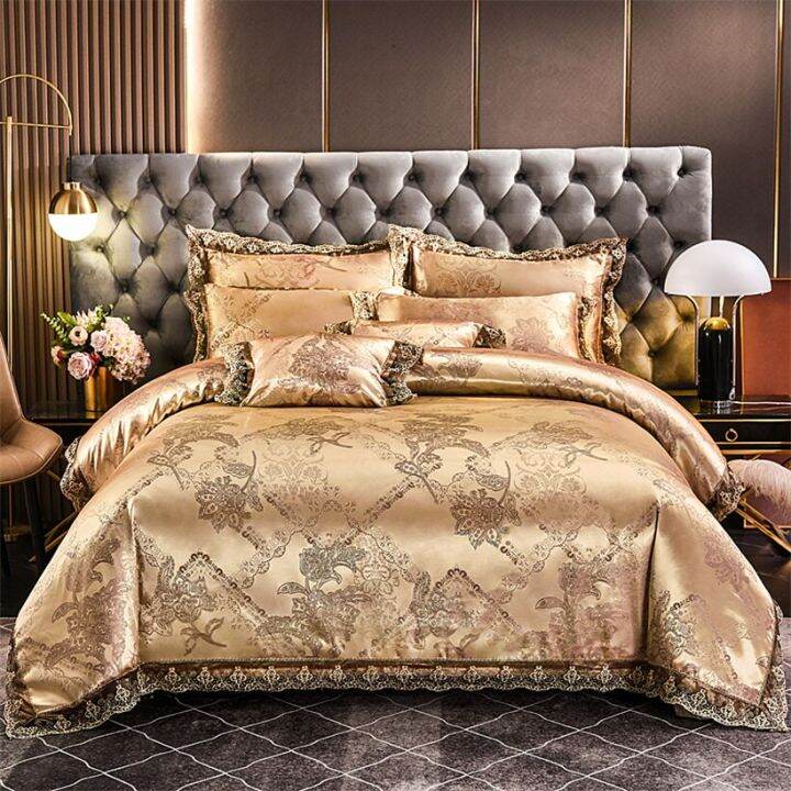 Cyan Gold Luxury Bedding Set Silk Satin Jacquard Duvet Cover Sets
