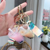 Creative Pearl Milk Tea Acrylic Keychain Simulation Candy Color Beverage Bottle Keyring Pendant for Couple Backpack Charm Keyfob