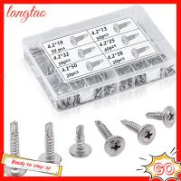 LANGTAO 210Pcs เงินสีเงิน สกรูเกลียวปล่อย เหล็กไร้สนิม #4.2 สกรูโลหะแผ่น แปรงมัดผม ชุดเครื่องมือช่าง โลหะพลาสติก