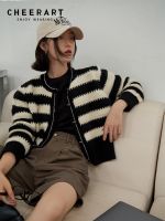 ❧✁♨ CHEERART Striped Sweater Cropped Cardigan Knitwear Sleeve Up 2022 Fashion