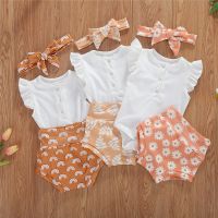 0-18M Newborn Infant Baby Girls Boys Clothes 3pcs Ruffles Sleeve Knitted Romper Tops High Waist Print Shorts Headband Outfits