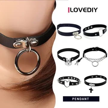 Women Men PU Leather Spike Rivet Stud Collar Choker Necklace Big O-ring  Punk Rock Gothic Chokers Adjustable Clavicle Chain 