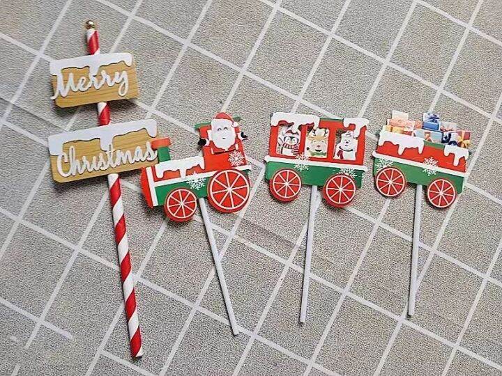 Ins Merry Christmas Theme Christmas Train Paper Card Cake Topper Baking