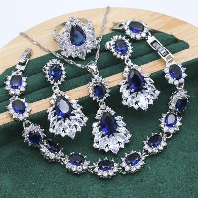 Exquisite Blue Red Crystal 925 Silver Jewelry Sets For Women Bracelet Earrings Necklace pendant Ring Wedding Jewelry 4PCS