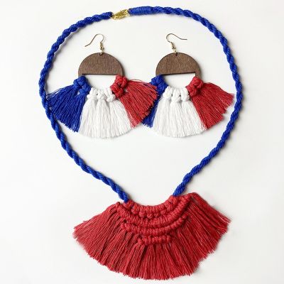 [COD] July 4th Day European and Handwoven Tassel Independence Necklace Earrings Jewelry Set