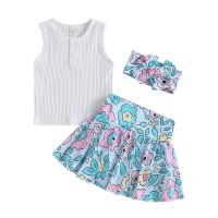 Toddler Girls Summer Outfits Sleeveless Solid Color Tank Tops + Floral Skorts + Headband Set  by Hs2023