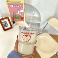 Korean ins simple love girl glass cup with straw kawaii tumbler water cup juice breakfast cup with lid office mugs coffee cups