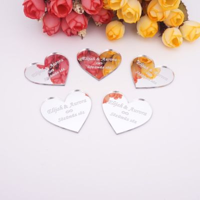 30pcs Custom Name Date Small Heart Party Gift Home Decoration Personalized Acrylic Mirror Tags Weeding Invitation Card