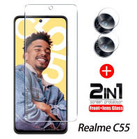 2 In 1 Realme C55ปกป้องหน้าจอใสกระจกเทมเปอร์ฟิล์มกันรอยด้านหน้า + ปกป้องหน้าจอป้องกันหน้าจอเลนส์หลัง