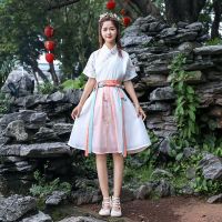 2022 new super fairy ancient costume Hanfu summer cross-collar embroidery flower short-sleeved short skirt ancient style suit classical class clothing