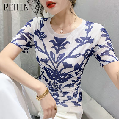 REHIN เสื้อยืดผู้หญิงแขนสั้นผ้าตาข่ายฤดูร้อนแฟชั่นคอกลมสุดสร้างสรรค์ไม่เหมือนใครทันสมัย S-3XL เข้ารูปพอดี