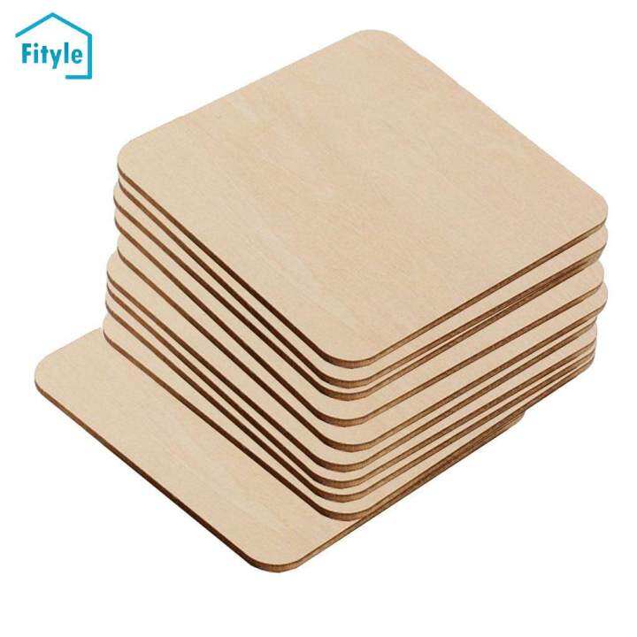 Fityle 10Pcs/Set Unfinished Wood Cutouts Square Wooden Pieces Blank for