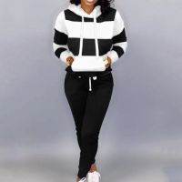 【DT】hot！ Tracksuit Pieces Set Striped Hoodie Pants Elastic Waist Loose Sporty Contrast Colors Trousers