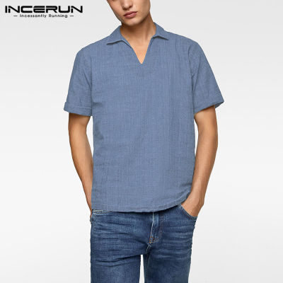 INCERUN เสื้อผู้ชายแขนสั้นผ้าลินินผ้าฝ้าย Henley เสื้อลำลองหลวมสีทึบเสื้อยืดเสื้อยืด (ลดล้างสต๊อก)