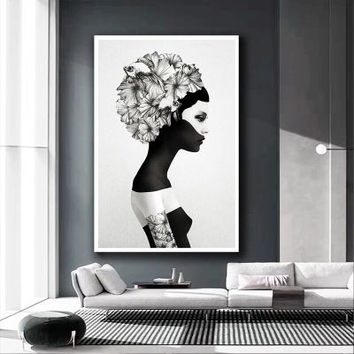 สไตล์สีดำสีขาวนอร์ดิกดอกไม้โปสเตอร์และภาพพิมพ์สาวผ้าใบจิตรกรรม M Arianna ภาพผนังศิลปะสำหรับห้องนั่งเล่นตกแต่งบ้าน C Uadros