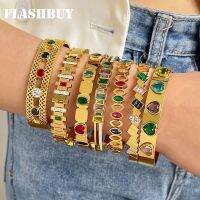 FLASHBUY สร้อยข้อมือกำไลสแตนเลสสตีลเพทายพลอยเทียมสีแฟชั่นสำหรับผู้หญิงของขวัญเครื่องประดับกันน้ำ