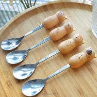 4pcs Cartoon Animal Wooden Handle Stainless Steel Coffee Spoon Creative Stirring Spoon Dessert Spoon Short Handle Spoon Ins Wind Serving Utensils