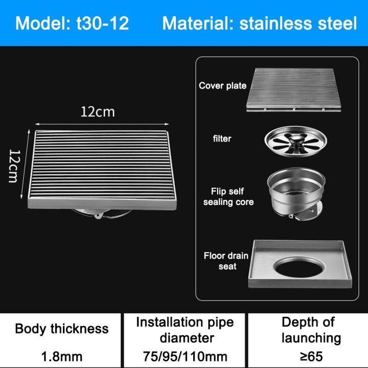 stainless-steel-bathroom-floor-drains-12-15-20-30cm-square-linear-shower-drainage-anti-odor-kitchen-accessory-by-hs2023