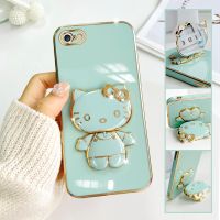 For iPhone 6 Plus Mobile Phone Case Fashion Temperament Plating TPU Advanced Rotary Stand Makeup Mirror Hello Kitty Folding Mirror Stand Net Red New Couple Gift Soft Touch Anti slip Anti fall Protective Case