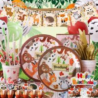 Fox Raccoon Woodland Party Disposable Tableware Set Animal Aluminum Foil Balloon Childrens One Year Old Birthday Decoration De