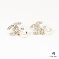 NEW CHANEL EARRING CC LARGE LOGO PEARL 2 CM GOLD CRYSTAL GHW