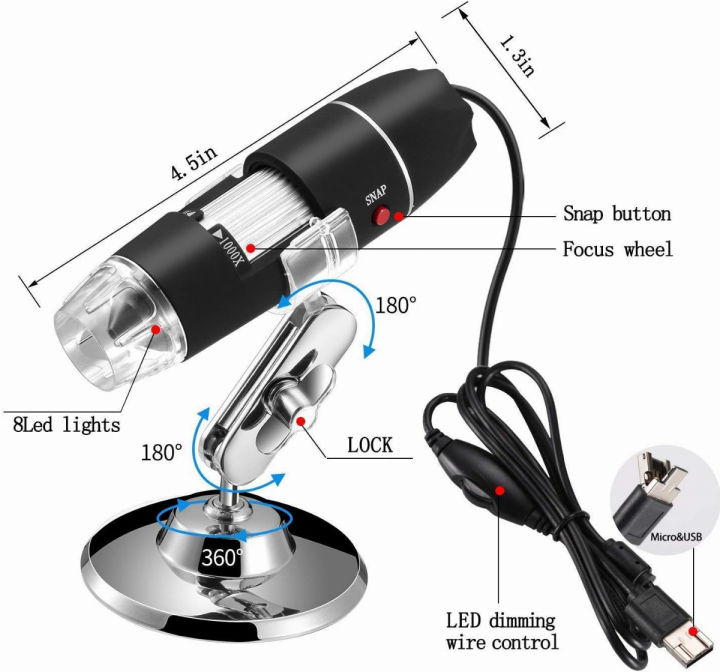 jiusion-40-to-1000x-magnification-endoscope-8-led-usb-2-0-digital-microscope-mini-camera-with-otg-adapter-and-metal-stand-compatible-with-mac-windows-7-8-10-11-android-linux