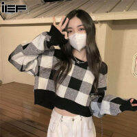 IEF ถักเสื้อกันหนาวฤดูใบไม้ร่วงและฤดูหนาวของผู้หญิงย้อนยุคหลวมสั้นตาหมากรุกลดอายุแขนยาวแฟชั่นสบายๆแอปริคอทสีดำนักเรียนเดินทางทุกวัน