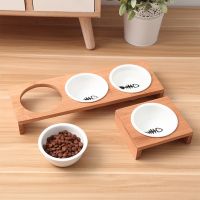 D0AC Elevated Bowls, Raised Dog Cat Feeder Solid Bamboo Stand Ceramic Food Feedin