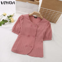 VONDA เสื้อกระดุมสองแถวผู้หญิงเสื้อจับจีบแขนพัฟเดินทาง (ลำลองเกาหลี) #2