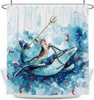 Funny Cat Shower Curtain 60x72in Cute Animal Riding Whale Ocean Wave Fish Hilarious Bathroom Curtain Polyester Fabric Waterproof