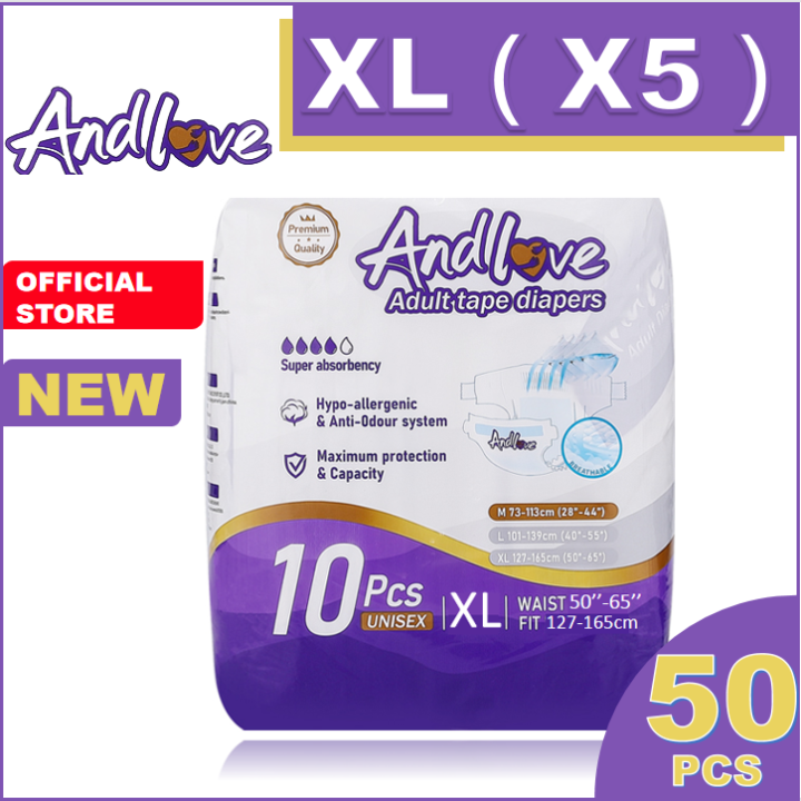 ซึมเร็วสุด-ผ้าอ้อมผู้ใหญ่-andlove-ใช้ได้ทั้งชายหญิง-ปลี่ยนง่าย-xl-5pack-50pcs-adult-diapers-ผ้าอ้อมแบบเทป