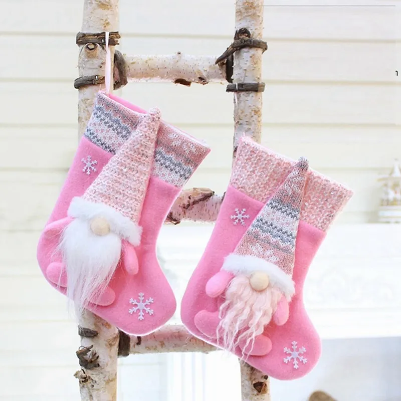 4X Fashion Christmas Gift Socks Plush Christmas Candy Gift Bag Christmas  Tree Decoration Home Decoration Pink 
