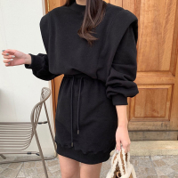 WAKUTA 2022 Korean New Flying Sleeve Drewstring Slim Waist Sweatshirt Dress Solid Elegant Long Sleeve Hip Dresses Street Casual