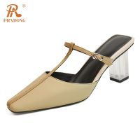 ▨ PRXDONG 2023 New Classics Genuine Leather HIgh Heels Open Toe Black Khaki Dress Party Casual Lady Slippers Sandals Size 34 40