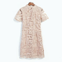 PERHAPS U Khaki Mandarin Collar Short Sleeve Knee Length Pencil Cheongsam Dress Summer Solid D0777