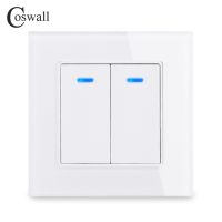 Coswall Luxury Crystal Tempered Glass Panel 2 Gang 1 Way Flat Light Switch On / Off Wall Switch With LED Indicator 16A AC 250V