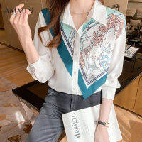 AMMIN Korean style new new white stitching silk scarf printed shirtFor women Fashionable temperament drape all-match floral Top casual workwear printed Blouse