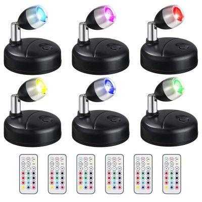 6 Pcs RGB LED Spotlight with Remote, Battery Operated Accent Lights for Hallway Artwork Closet White