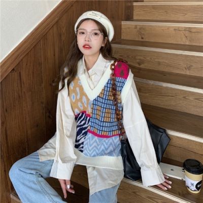 Harajpoo Women Vest Vintage V Neck Lattice Stripe Printed Knitted  New Spring Fall Korean Ins Preppy Style Loose Sweater Top