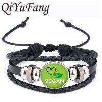 QiYuFang Vegan diet Leather Bracelet vegetarian diet go organic Jewelry Black Multilayers Charms bangle for Womens Mens 1pcs/lot Replacement Parts