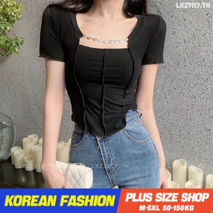 plus-size-เสื้อผ้าสาวอวบ-เสื้อยืดสาวอวบอ้วน-ไซส์ใหญ่-ผู้หญิง-เสื้อยืดรัดรูป-แขนสั้น-คอเหลี่ยม-สีขาว-ฤดูร้อน-สไตล์เกาหลีแฟชั่น