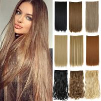 Synthetic Long Straight Clip In One Piece Hair Extension 5 Clips False Blonde Hair Brown Black Heat Resistant Fake Hair Wig  Hair Extensions  Pads