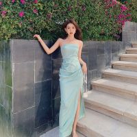 Pure and fresh mint green word shoulder temperament that wipe a bosom to receive the waist hip dress backless dress drape split pack