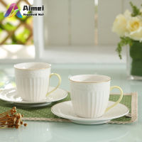 AIMEI 2ชิ้น/เซ็ตแก้วกาแฟ + จานรองเซรามิคสีทึบลายนูนขอบทองแก้วเครื่องดื่ม