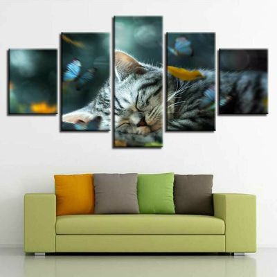 นอนแมว Nap ผ้าใบภาพวาด HD ผนังศิลปะโปสเตอร์ประดับห้อง HD พิมพ์ตกแต่งบ้านไม่มีกรอบ5แผงด้านคุณภาพงานศิลปะสำหรับคนรักแมว