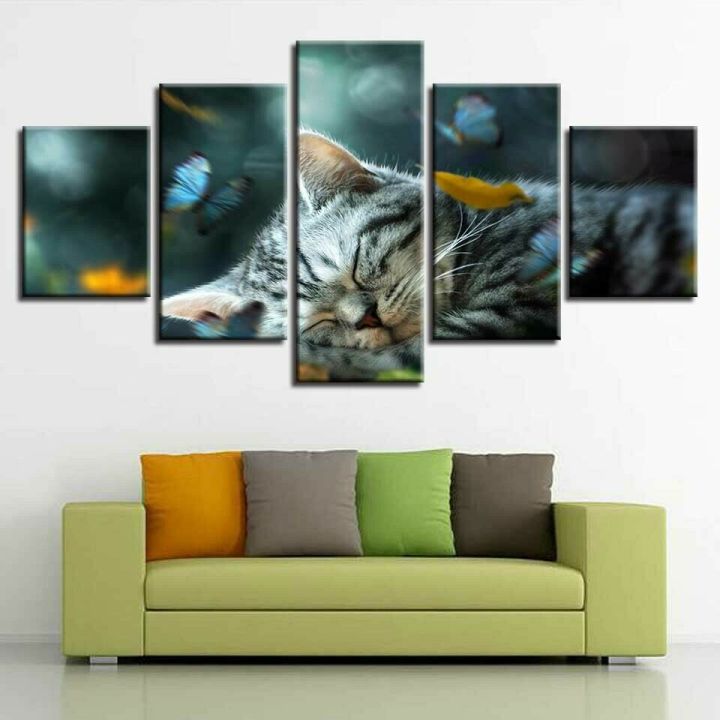 นอนแมว-nap-ผ้าใบภาพวาด-hd-ผนังศิลปะโปสเตอร์ประดับห้อง-hd-พิมพ์ตกแต่งบ้านไม่มีกรอบ5แผงด้านคุณภาพงานศิลปะสำหรับคนรักแมว