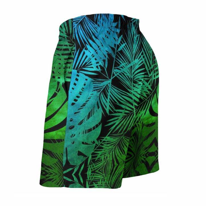 palm-leaf-print-board-shorts-green-ombre-tropical-quality-beach-pants-elastic-waist-large-size-กางเกงว่ายน้ำผู้ชาย