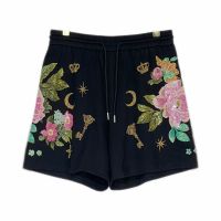 4XL Large Size 150KG Summer Women High Waist Luxury Button Wigh Leg Cotton Shorts Casual Female Loose Fit Peony Flower Shorts