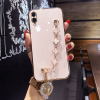 COROGI เคส V11สำหรับ Vivo V19 V19,V15 V17 Pro V15 V11i V11โปรพร้อมสายรัดข้อมือลาย Lucky Clover สร้อยข้อมือหรูหราเคลือบ6D ชุบเคสมือถือขอบสี่เหลี่ยมกันชนฝาหลังแบบนิ่ม